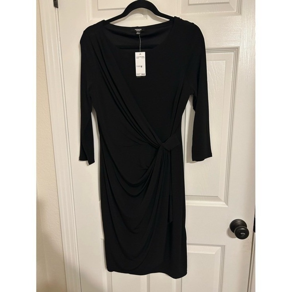 Premise Dresses Womens Black Faux Wrap Sheath Dress 3/4 Sleeve Ruched PD700010 M